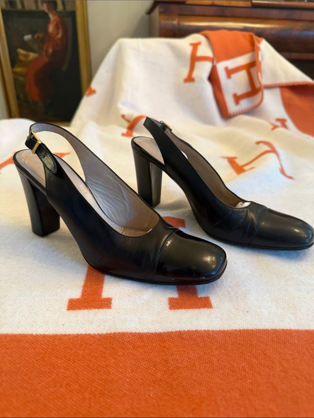 Vintage CHANEL Black Leather Square-Toe Slingback Heels with Gold Buckle
